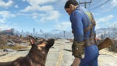 The main default character in Fallout 4, wearing a Vault jumpsuit and standing next to their canine companion Dogmeant.