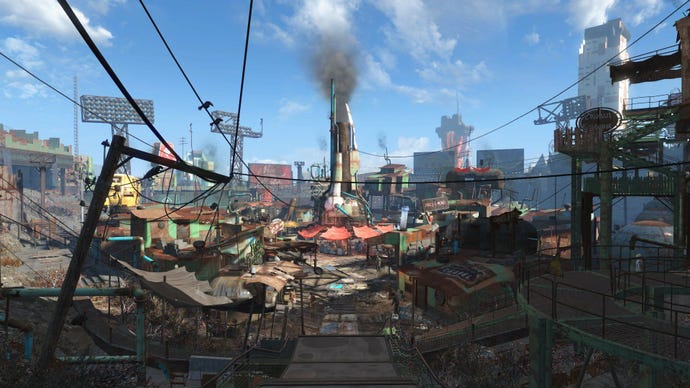 The first view of Diamond City in Fallout 4, a densely-packed shanty town inside an old baseball stadium