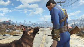 A screenshot from Fallout 4 showing the player character and their dog. Both are stood on a crumbling road stretching away toward a post-apocalyptic city in the distance.