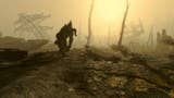 A screenshot of The Glowing Sea from Fallout 4, showing a monster traversing an irradiated wasteland