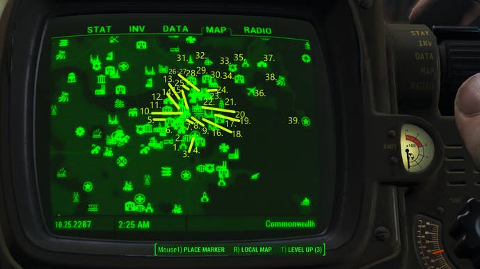 A map screen showing all of the map markers in the east of the city of Boston in Fallout 4.
