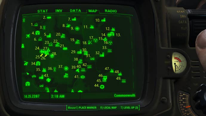 A map screen showing all of the map markers in the northeast of the Commonwealth in Fallout 4.
