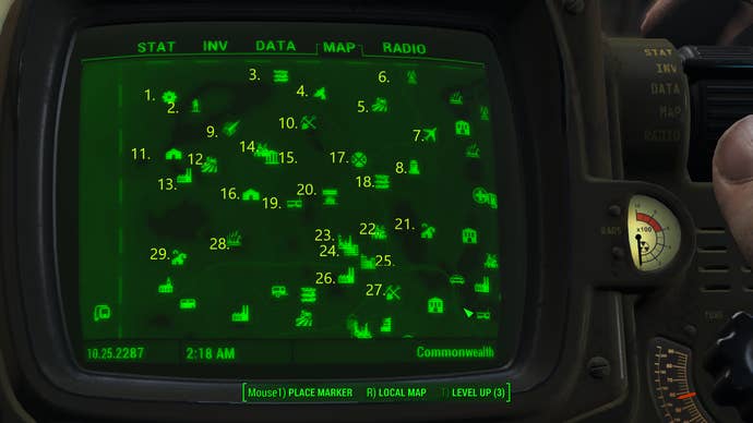 A map screen showing all of the map markers in the northwest of the Commonwealth in Fallout 4.