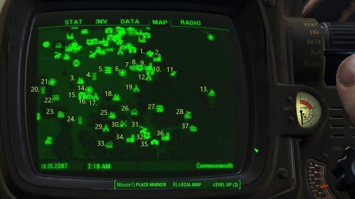 A map screen showing all of the map markers in the southeast of the Commonwealth in Fallout 4.