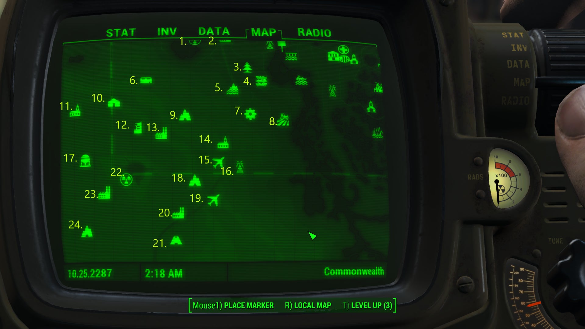 A map screen showing all of the map markers in the southwest of the Commonwealth in Fallout 4. - 5