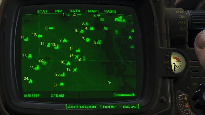 A map screen showing all of the map markers in the southwest of the Commonwealth in Fallout 4.