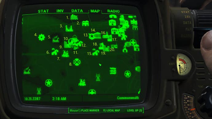 A map screen showing all of the map markers in the west of the city of Boston in Fallout 4.
