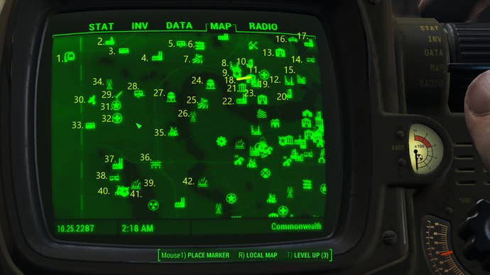 A map screen showing all of the map markers in the west of the Commonwealth in Fallout 4.