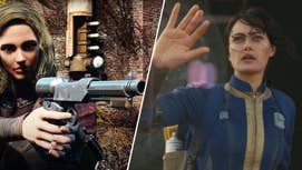 Lucy in the Fallout TV Show alongside her pistol in Fallout 4.