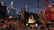 A robot stands in front of a city in Fallout 4