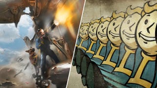 Some Vault Boys having a wee dance and Fallout 4's Sole Survivor using a minigun.