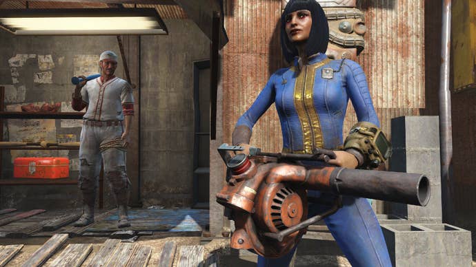 A vault dweller wielding one of the makeshift weapons from Fallout 4’s next-gen update.