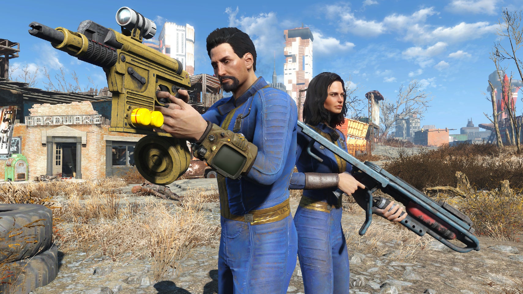 Some vault dwellers wielding makeshift weapons in Fallout 4. - 1