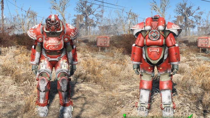 Screenshot of the Nuka-themed T-51 Power Armor in Fallout 4.