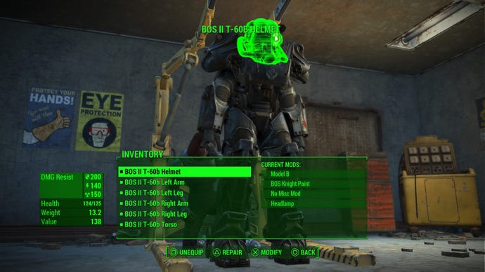 Screenshot of docked Power Armor in Fallout 4.