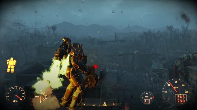 A person in Power Armour flying with a jetpack and minigun in Fallout 4