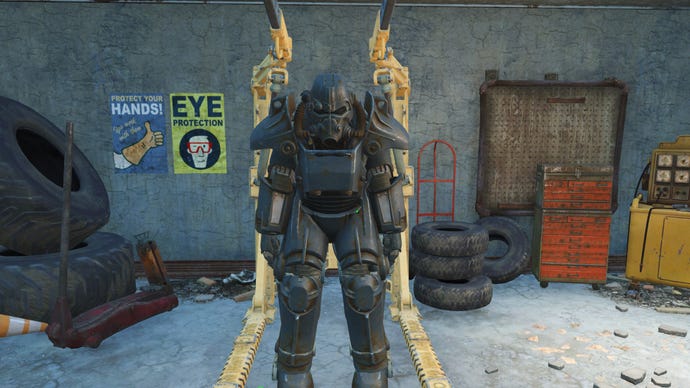 Screenshot of the T-45 Power Armor in Fallout 4.