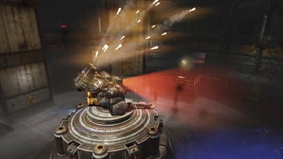 A large robot fires multiple rockets at players in Fallout 76's Gleaming Depths raid.