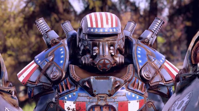 Fallout 76 - A character wearing power armor with an American flag paint job