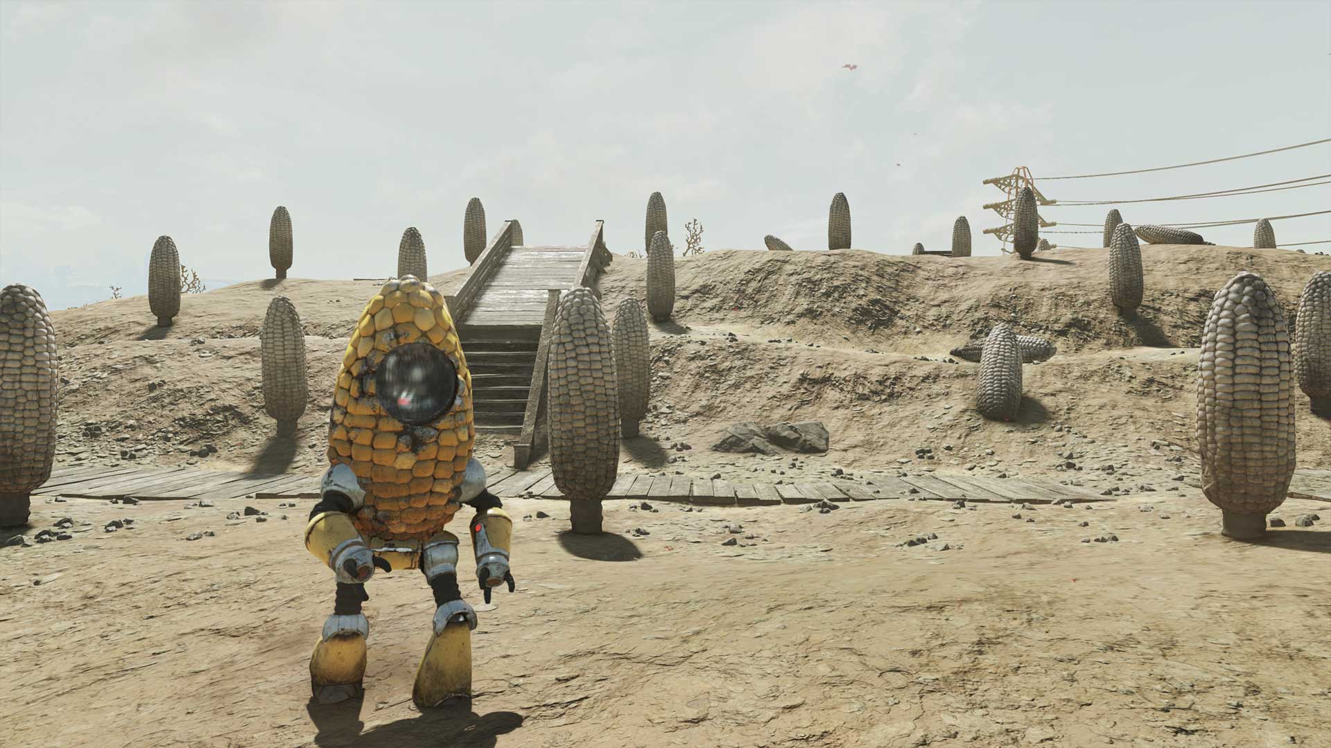 A corn cob-shaped robot tours the World of Corn museum in 2105