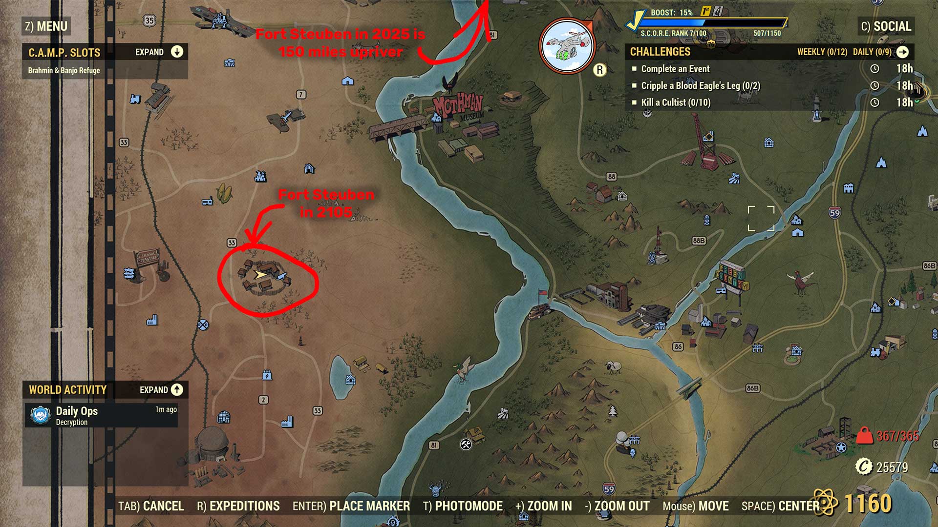A map showing the difference in Fort Steuben's location in 2105 compared to 2025