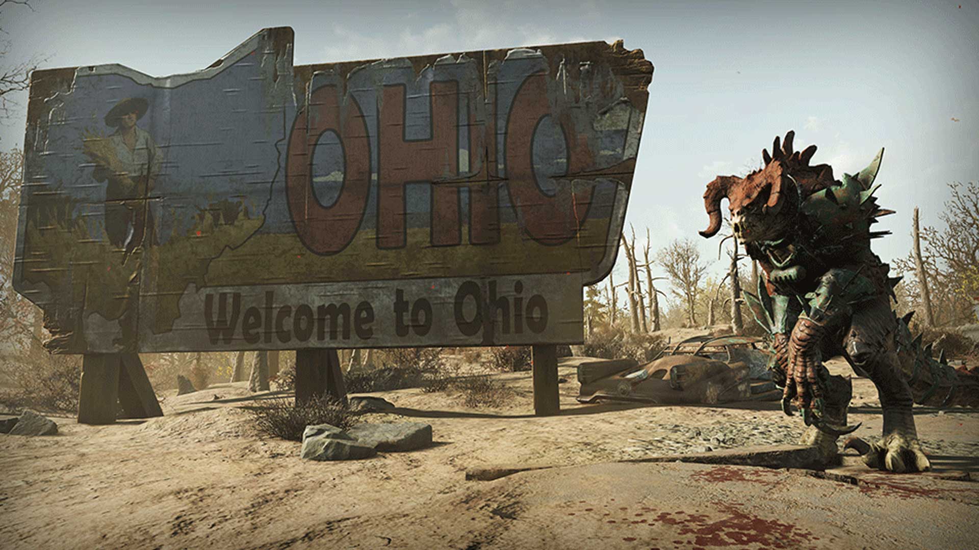 A monster stands beside a Welcome to Ohio sign in Fallout 76 - 1