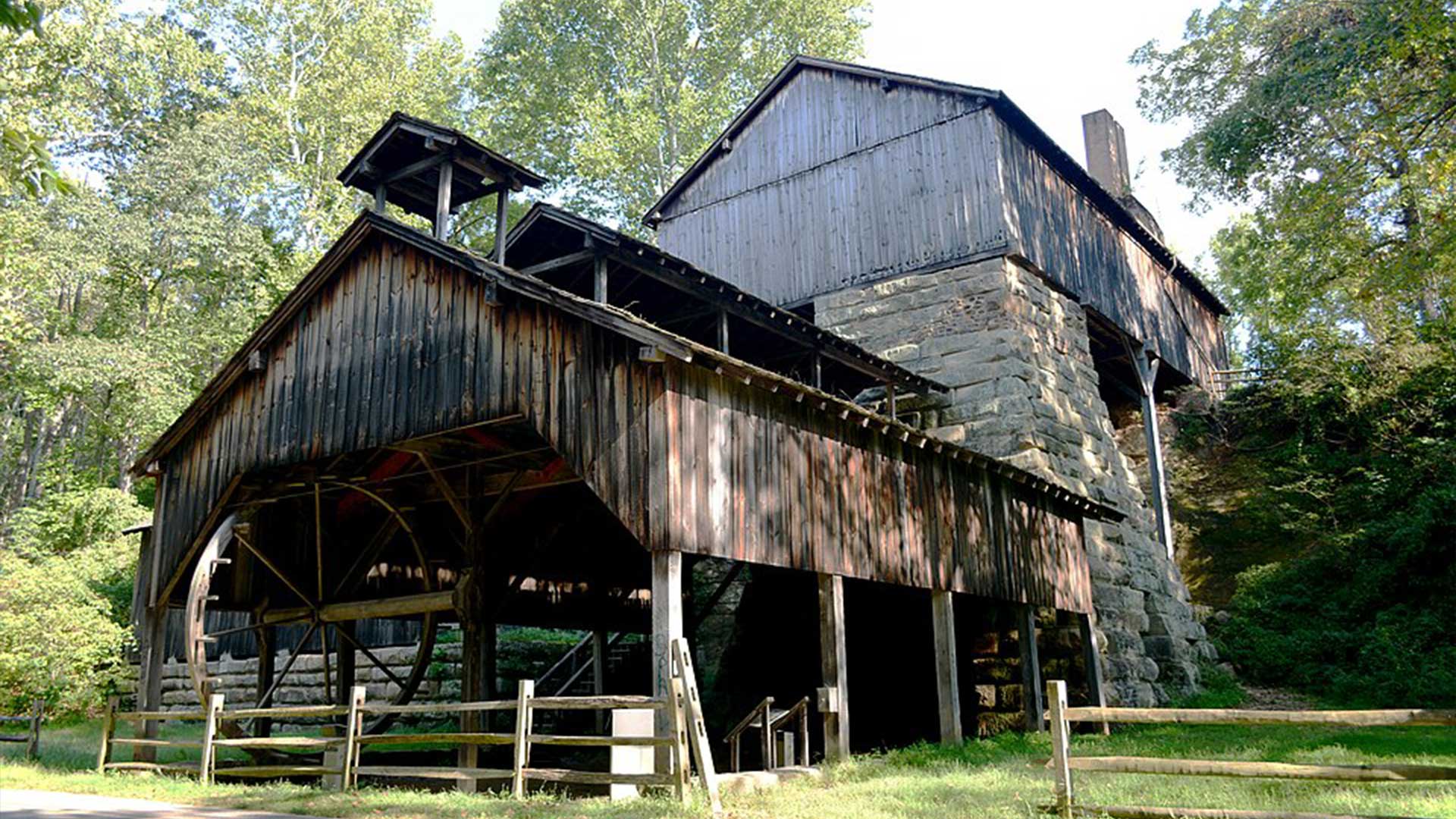 Buckeye Furnace, a reconstructed charcoal-fired blast furnace in the Hanging Rock Iron Region as it originally looked in the 19th century