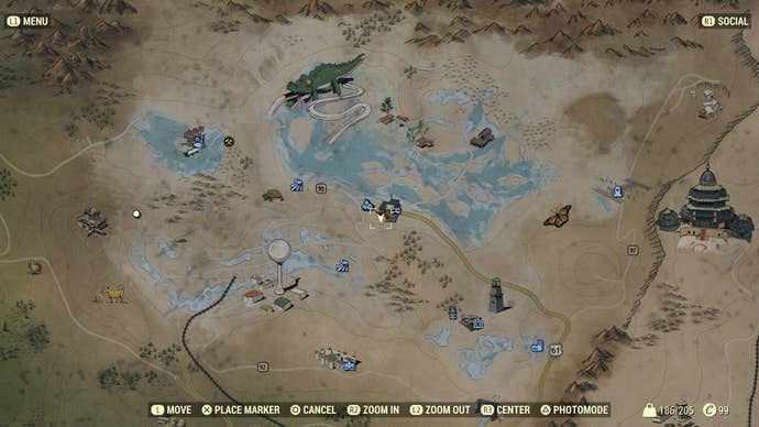 Map showing the location of Power Armor in Clarksburg in Fallout 76.