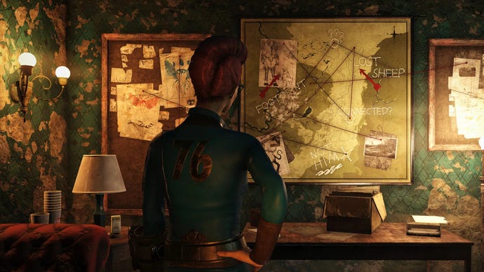 A Fallout 76 character looking at a map.