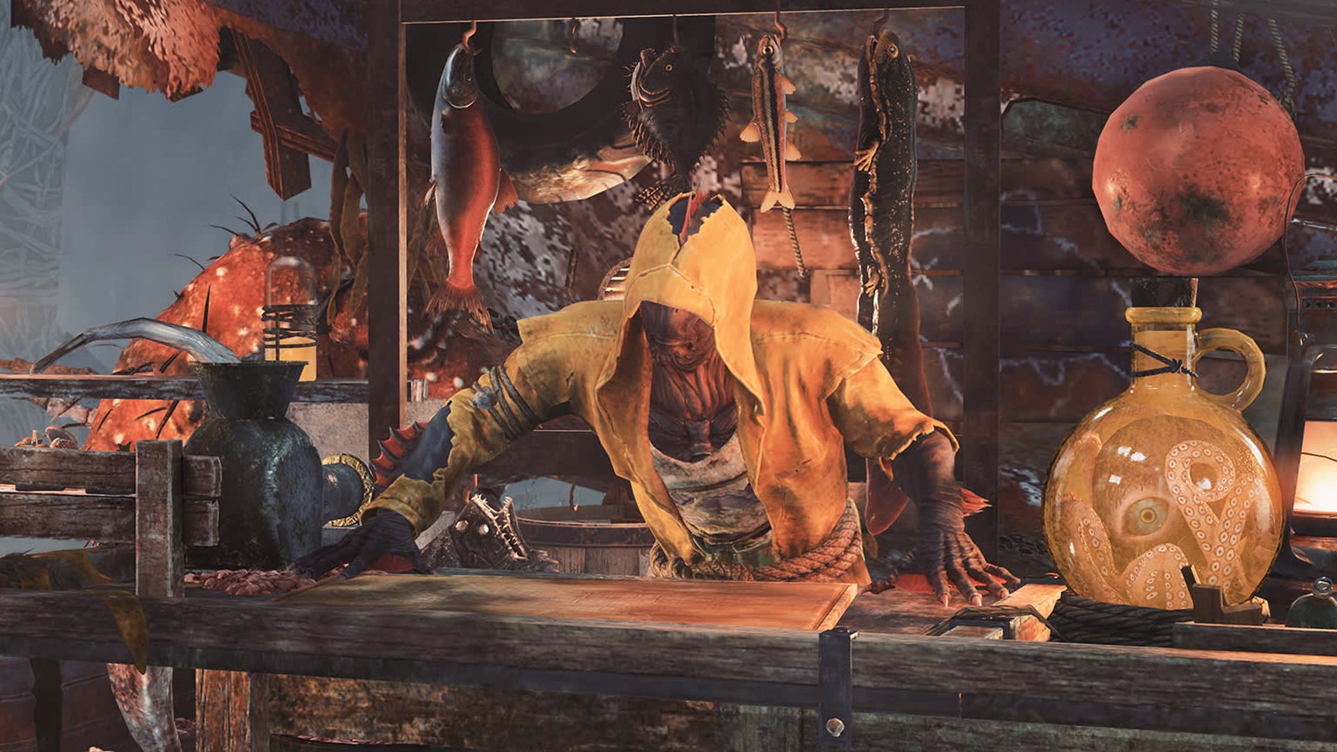 A fish-person wearing a yellow raintcoat is stood in an outdoor shop, hands on the table in Fallout 76. - 1