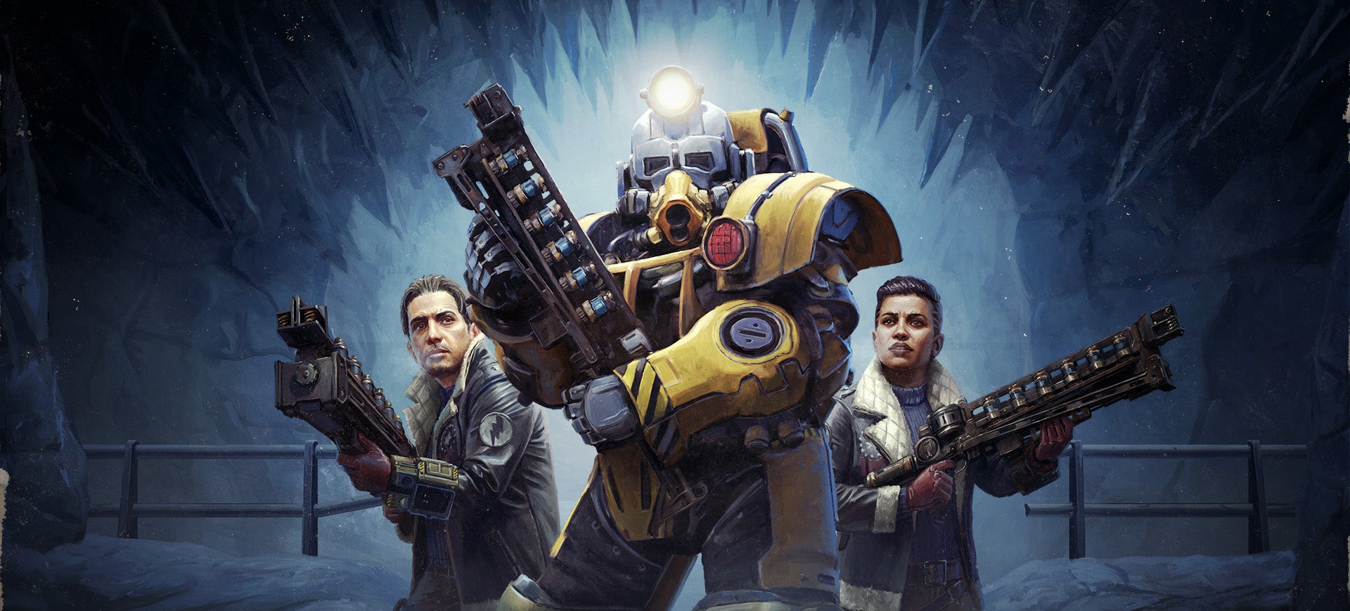A painted image for Fallout 76&rsquo;s Locked &amp; Loaded update showing a character in power armour holding a big gun flanked on both sides by people carrying big guns.