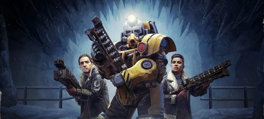 A painted image for Fallout 76's Locked & Loaded update showing a character in power armour holding a big gun flanked on both sides by people carrying big guns.