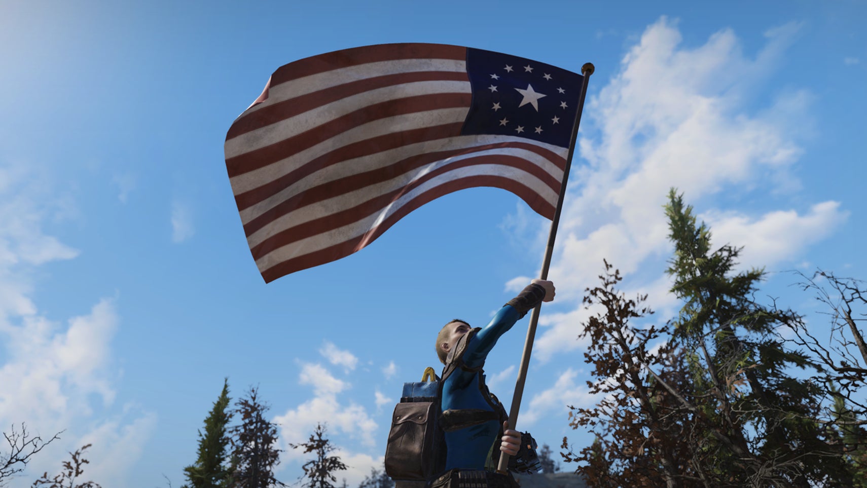 A Fallout 76 player waving the Fallout version of the US flag. - 1