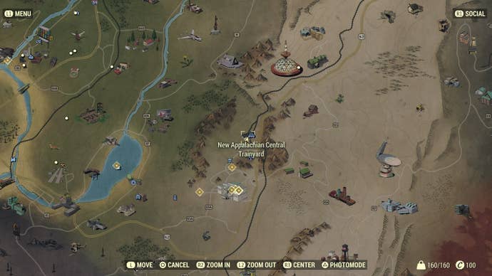 Map showing the location of Power Armor at New Appalachian Railyard in Fallout 76.