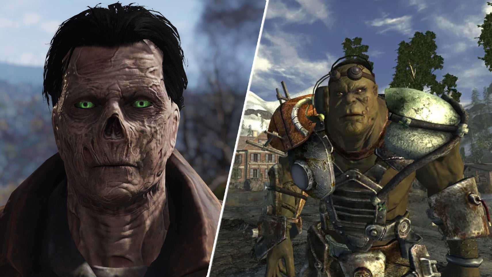 A playable ghoul in Fallout 76 next to Marcus the super mutant in Fallout New Vegas. - 1