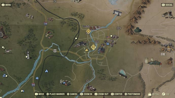 Map showing the location of a piece of Power Armor in Morgantown in Fallout 76.