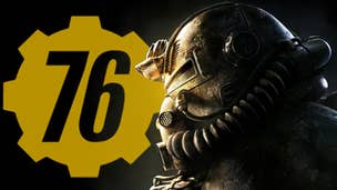 A close-up of a Fallout 76 character wearing a piece of Power Armor, with the game's logo in the background.