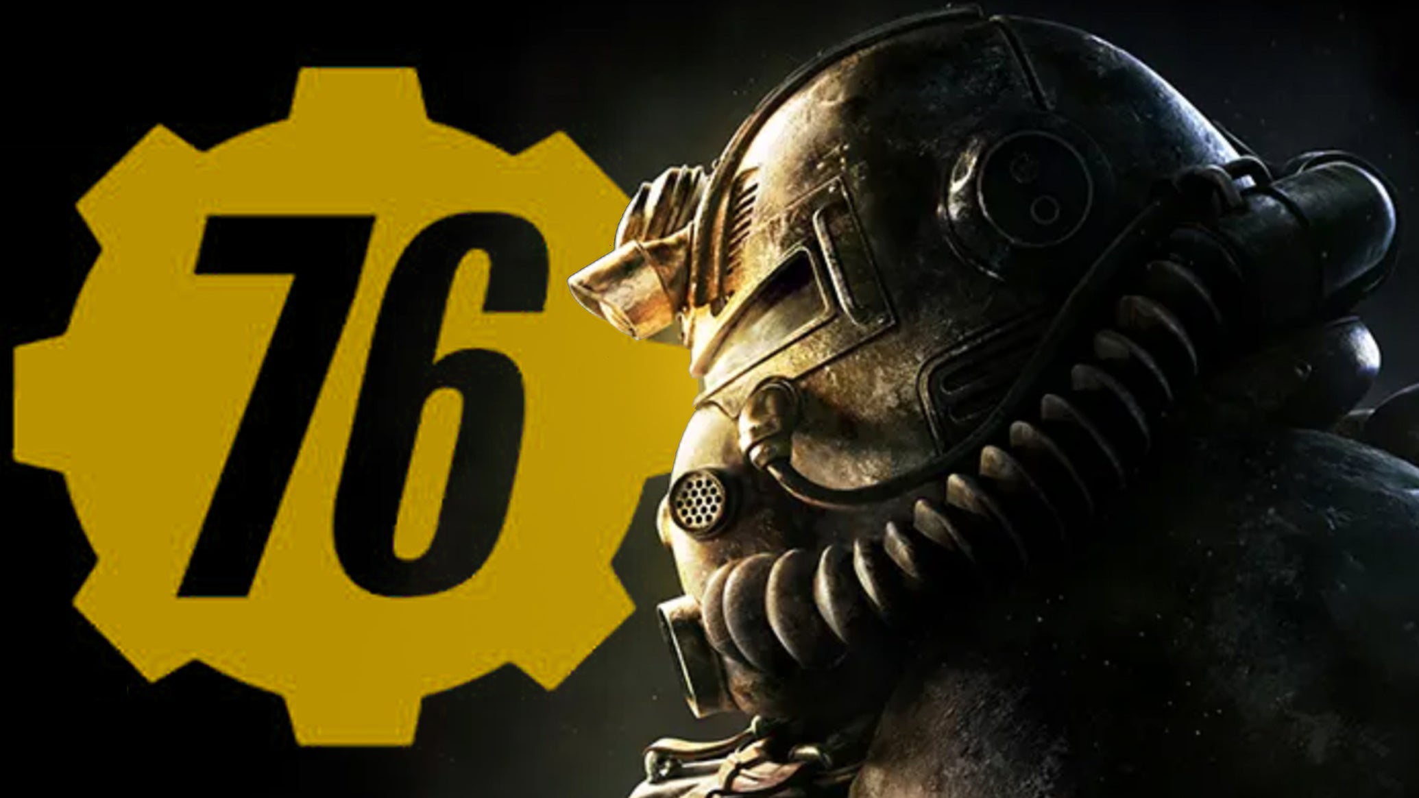 A close-up of a Fallout 76 character wearing a piece of Power Armor, with the game's logo in the background. - 1