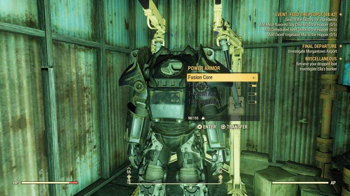 A piece of Power Armor in Morgantown in Fallout 76.
