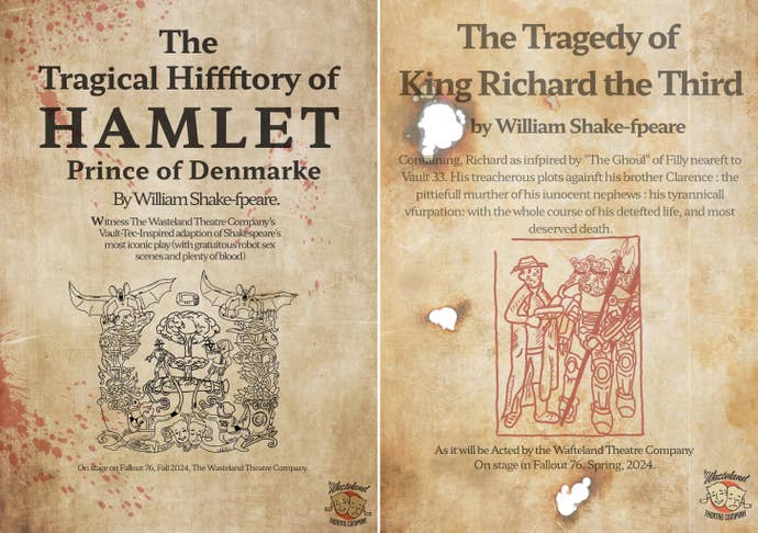 Two playbills for the Wasteland Theatre Company of Fallout 76, advertising Richard III and Hamlet