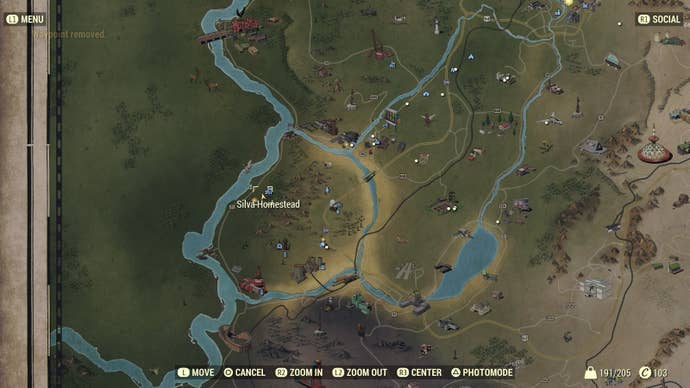 Map showing the location of the Power Armor at Silva Homestead in Fallout 76.