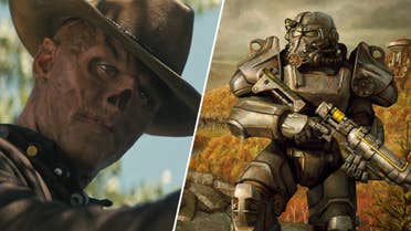 The ghoul in the Fallout TV Show alongside a power armoured Fallout 76 player.
