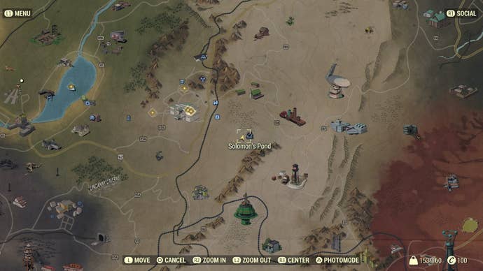 Map showing the location of Power Armor at Solomon's Pond in Fallout 76.