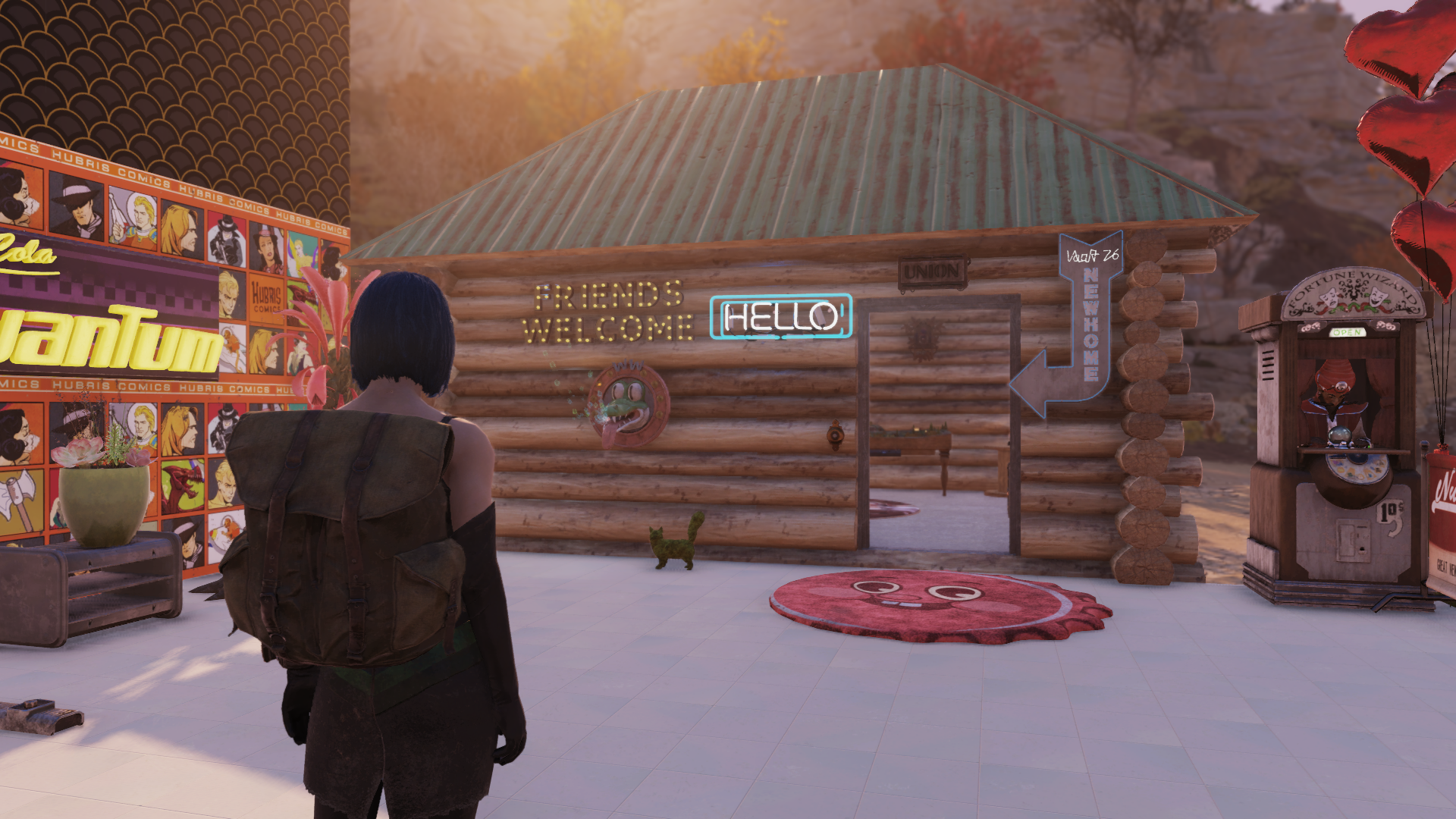 Fallout 76 State of the Game - the player-character standing before another player&rsquo;s log-cabin camp and brightly lit vending machine to the left