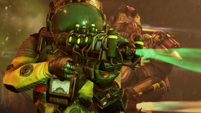A Fallout 76 screenshot showing an armoured soldier aiming their weapon at an unseen target.