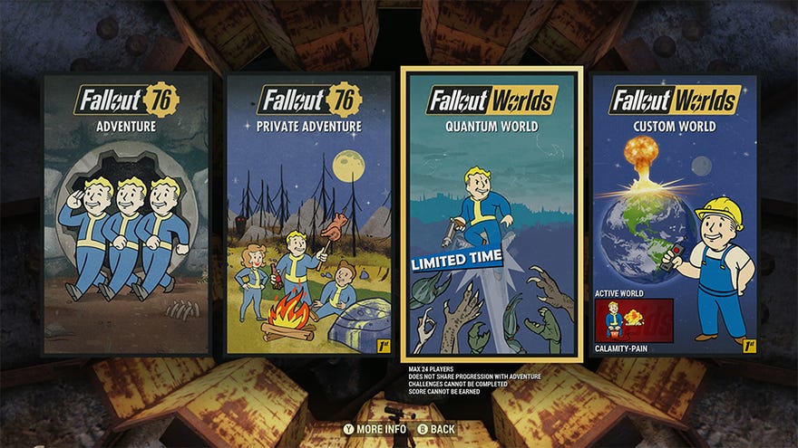 An image of Fallout 76’s menu for accessing the new Worlds.