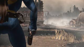 Fallout: Bakersfield screenshot showing a Vault Dweller from the back as they survey a decimated Bakersfield.