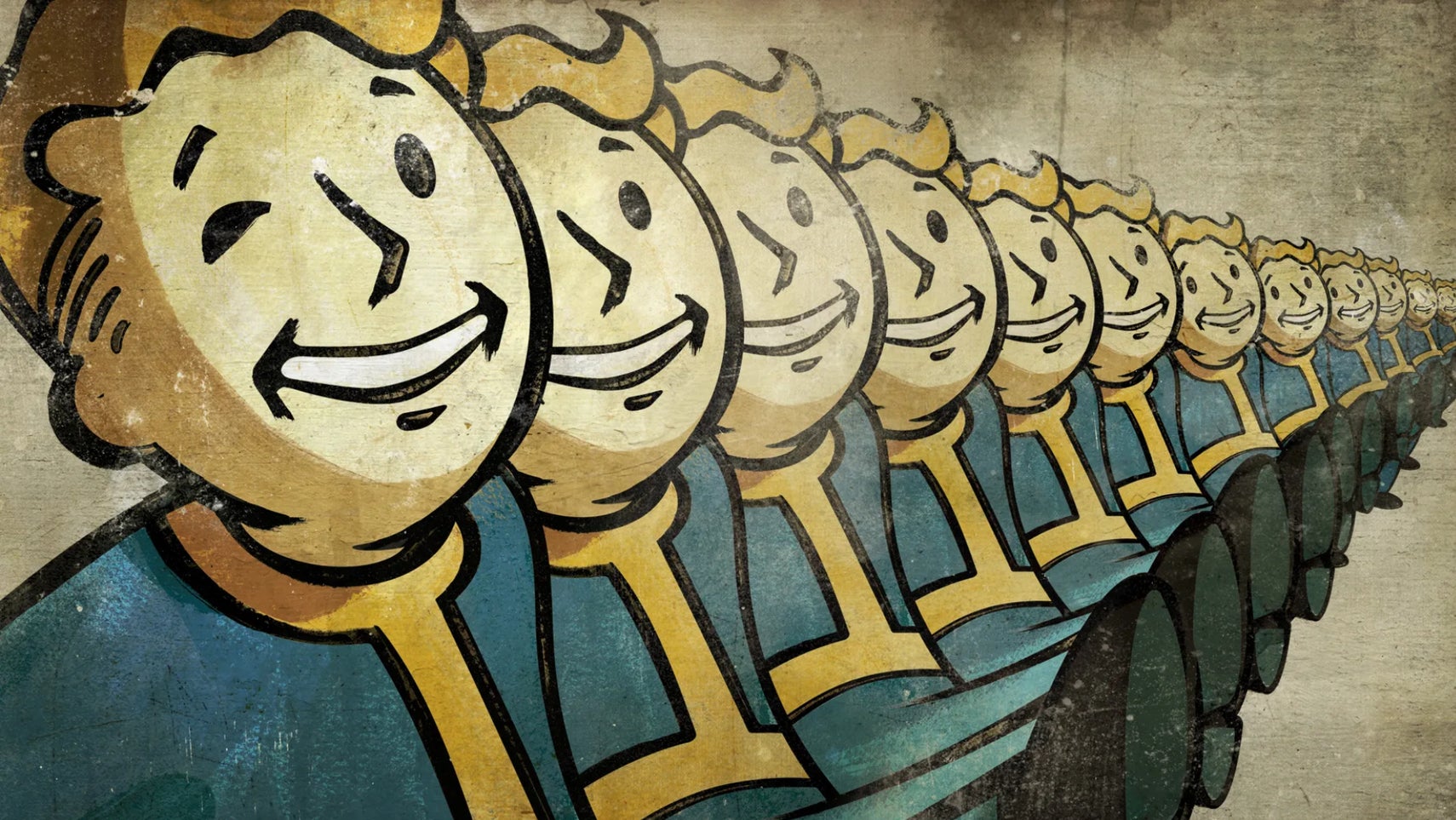 An army of Fallout's Vault Boys walking. - 1