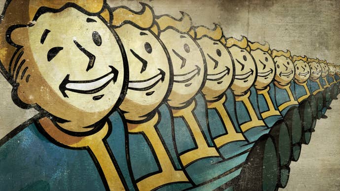 An army of Fallout’s Vault Boys walking.