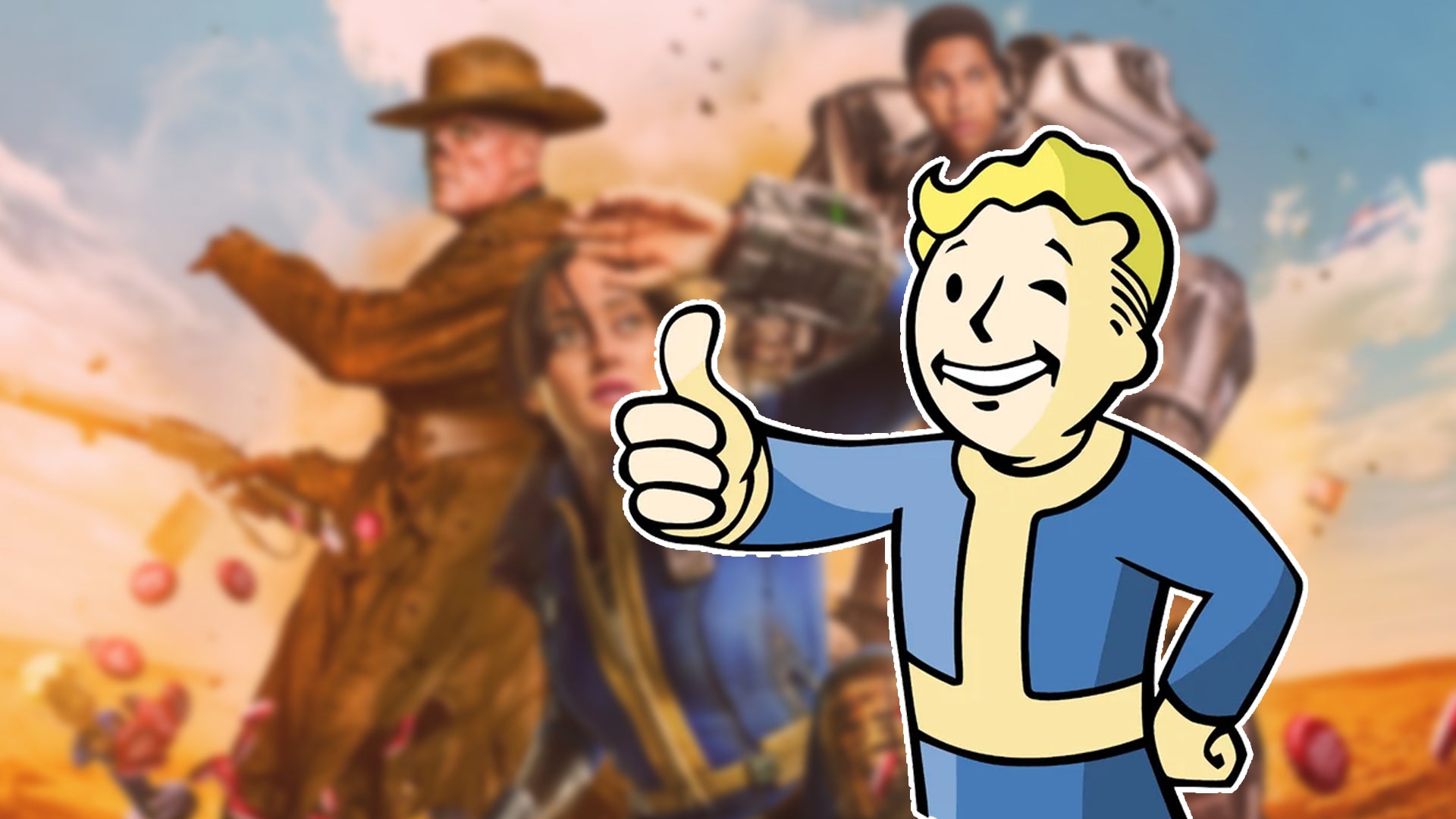 A vault boy from Fallout is giving a thumbs up while winking, a blurred image of the main three characters from the Fallout show, The Ghoul, Lucy, and Maximus, can be seen in the background. - 1